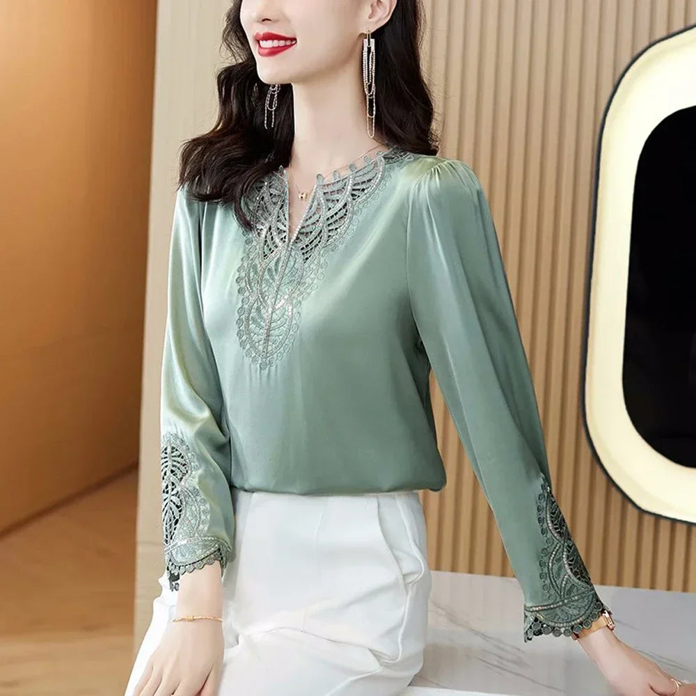 Silk Blouse Long Sleeve Embroidery Shirts