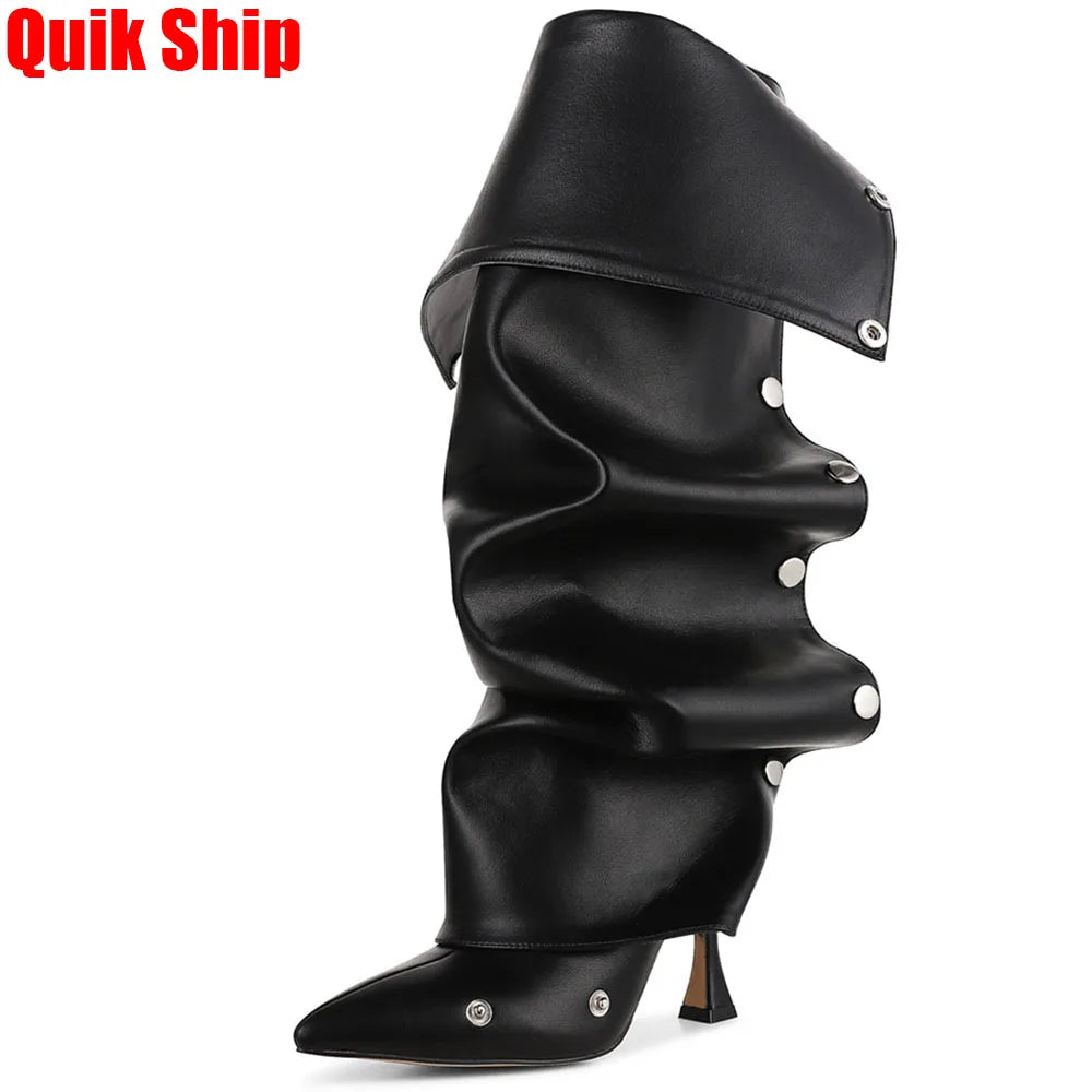Knee High Fold Over Boots Stiletto High Heels Pointed Toe Back Zipper  Adjustable Buckle Mid-calf Boots