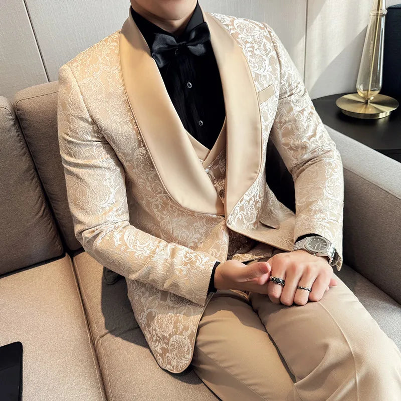 Men's British Style Business Casual Three-Piece Suit Vest Trousers High-Density Jacquard Wedding Prom