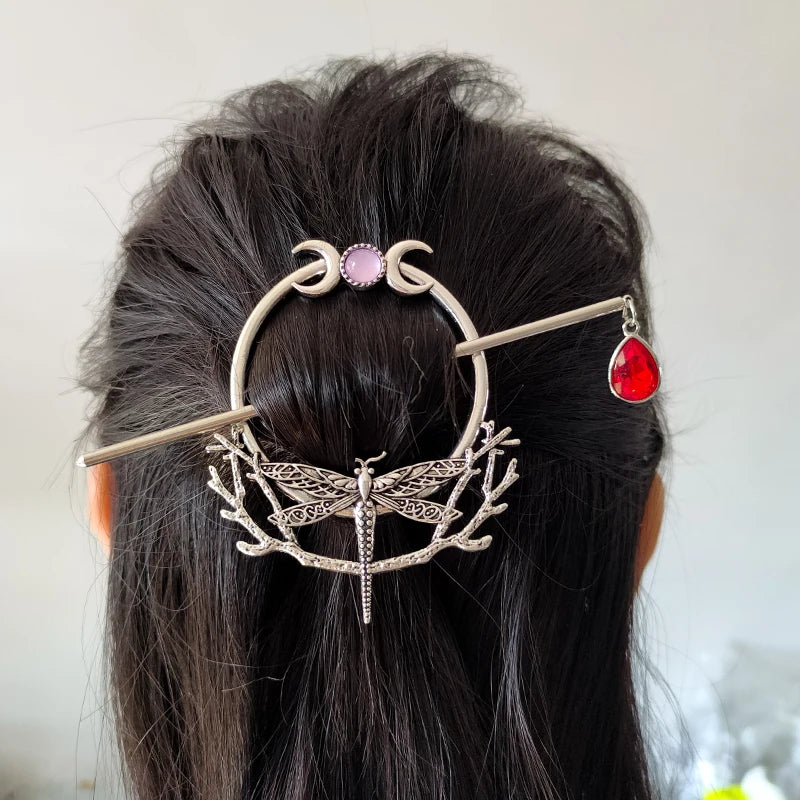 Woodland Goddess Crescent Moon Dragonfly Hair stick Fairy Moon Dragonfly Insect Hair Barrette Hairclip For women