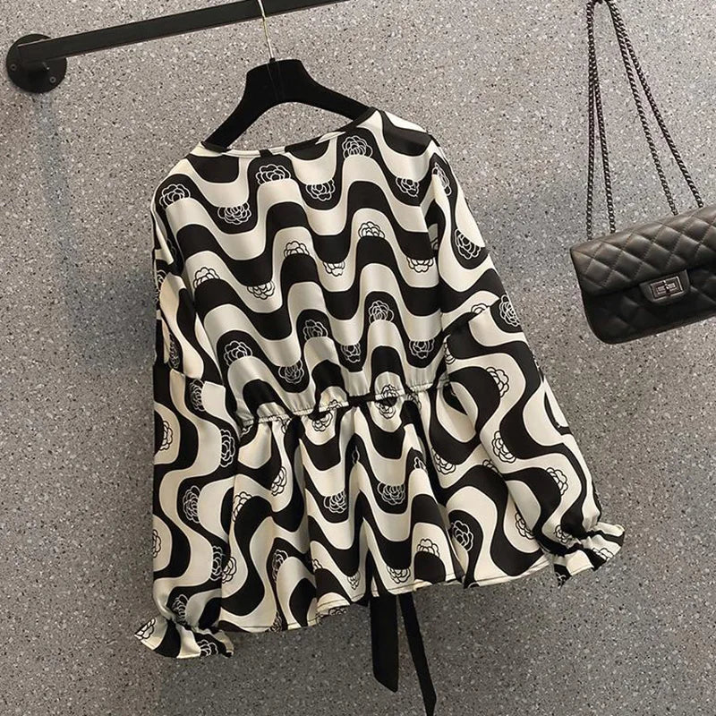 Elegant Ruffles Printed Folds Bow Blouse