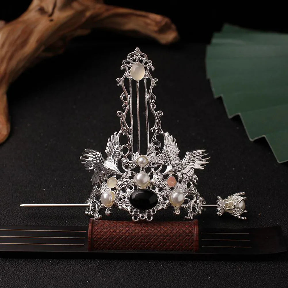 Retro Chinese Hair Crown Golden Alloy Tiaras and Crowns Pearl Headbands with Hair Sticks Vintage Hair Jewelry for Men Women