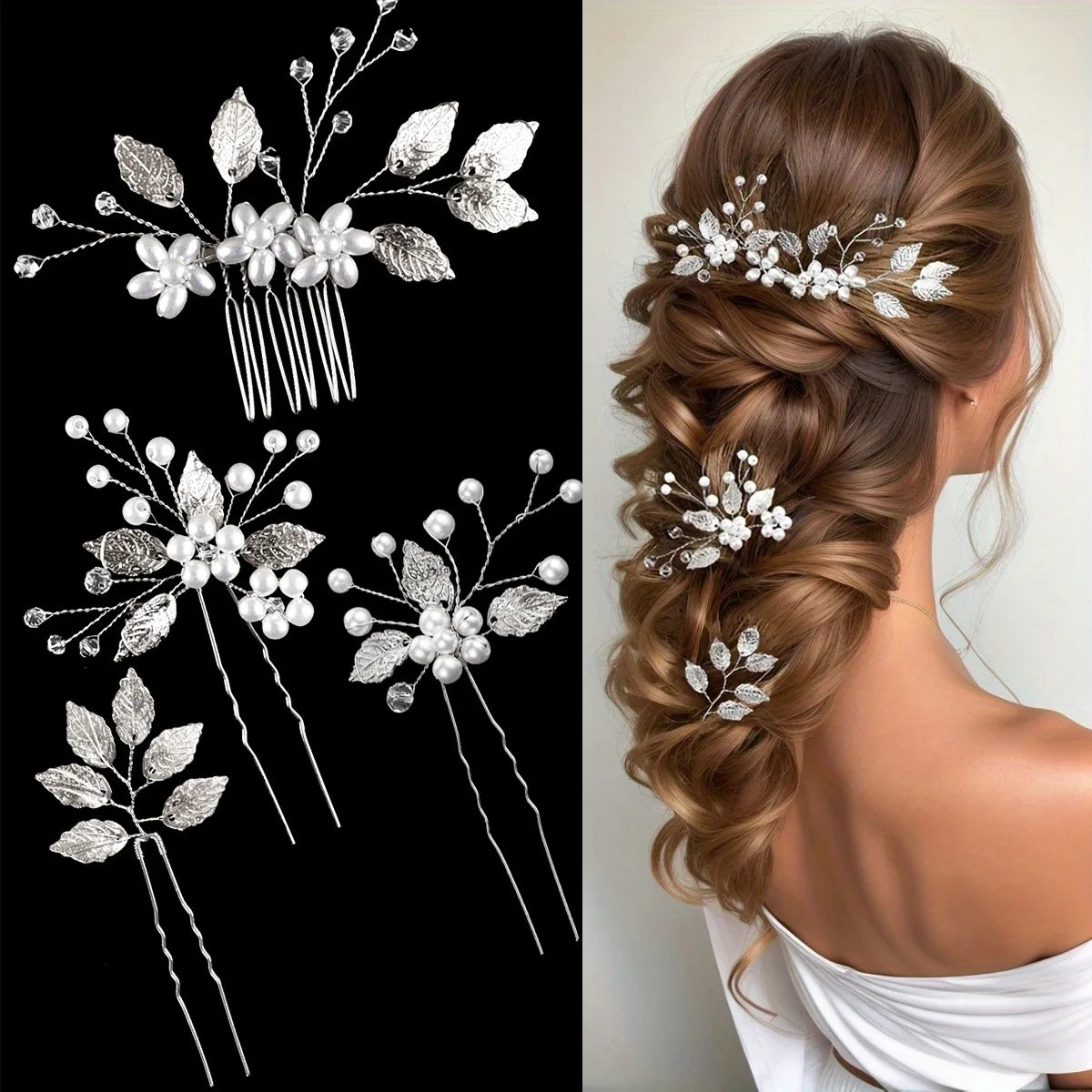 Pearl Flower Hair Comb  Wedding Hairpin Alloy Leaf  Shaped Hair Clips Floral Headpiece Bridal Hair Jewelry Accessories