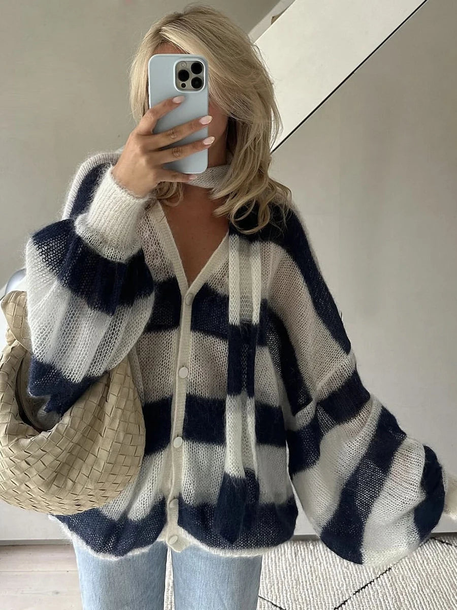 Ladies Cozy Striped Knit Cardigan with V-Neck Long Sleeves Button-Front Closure and Matching Scarf for a Stylish Look