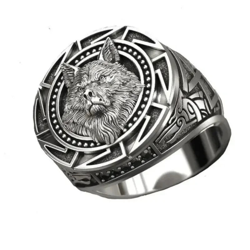 Retro Wolf Totem Nordic Mythology Viking Warrior Wolf Head Men Ring Geometric Design