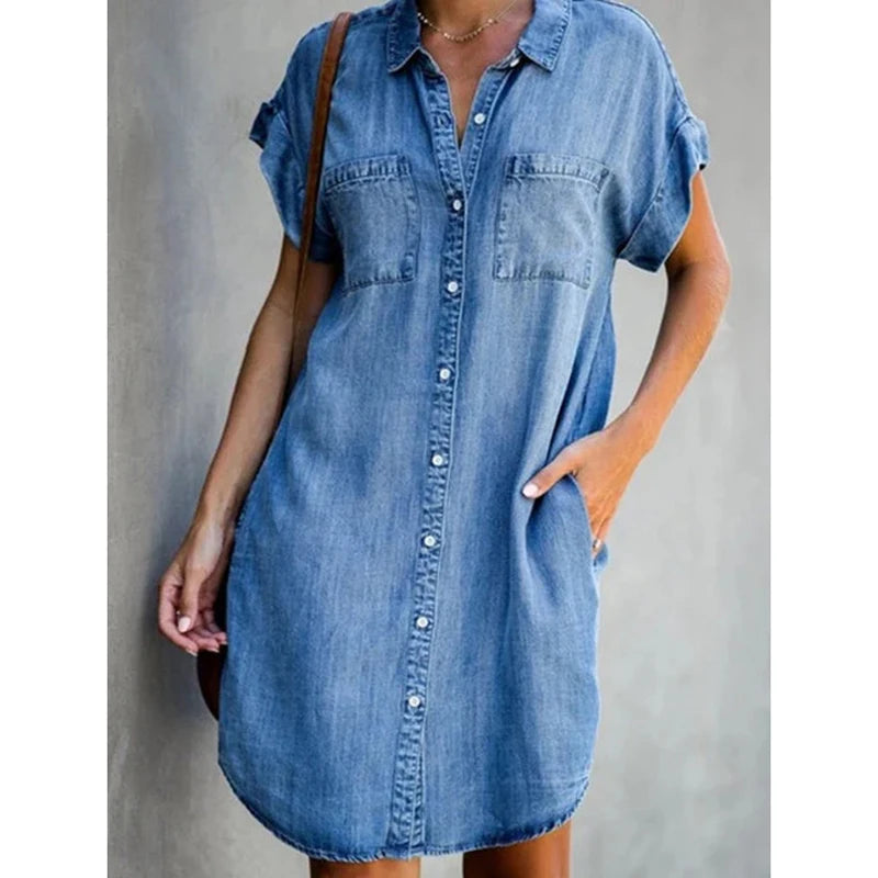 Single Breasted Denim Shirt Dress Women's Casual Loose Pocket Simple Retro Commuter Female Office Denim
