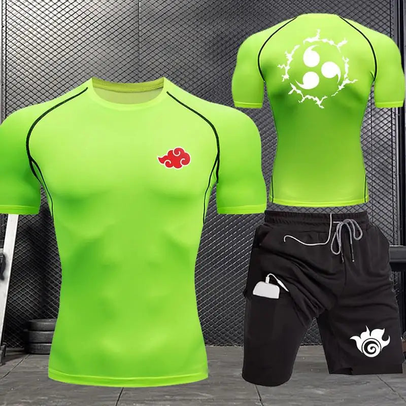 Jogging Breathable Compression Sportswear Summer Men's Training Two-piece Tight T-shirt Fitness Shorts Gym Workout Set S-3xl