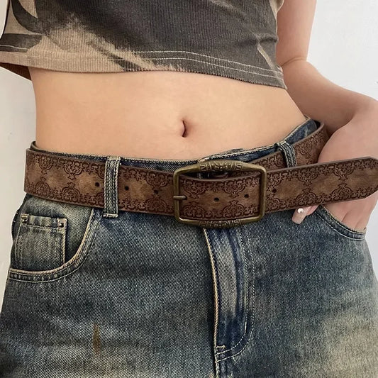 Pattern Print Retro Belts for Women Luxury Designer Brand Buckle Pin Waist Belt Female Pu Leather Fashion Waistband