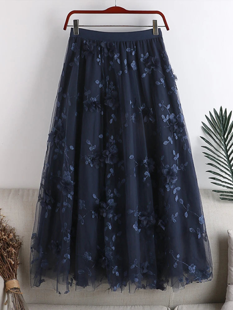 Embroidered Floral Spliced Mesh  High Waist A-line Skirt