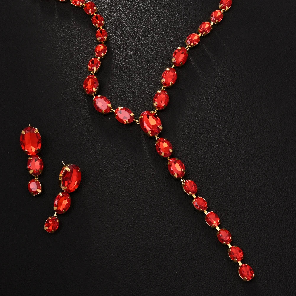 Red Y Shape Necklace Earring Set  Rhinestone Crystal Design