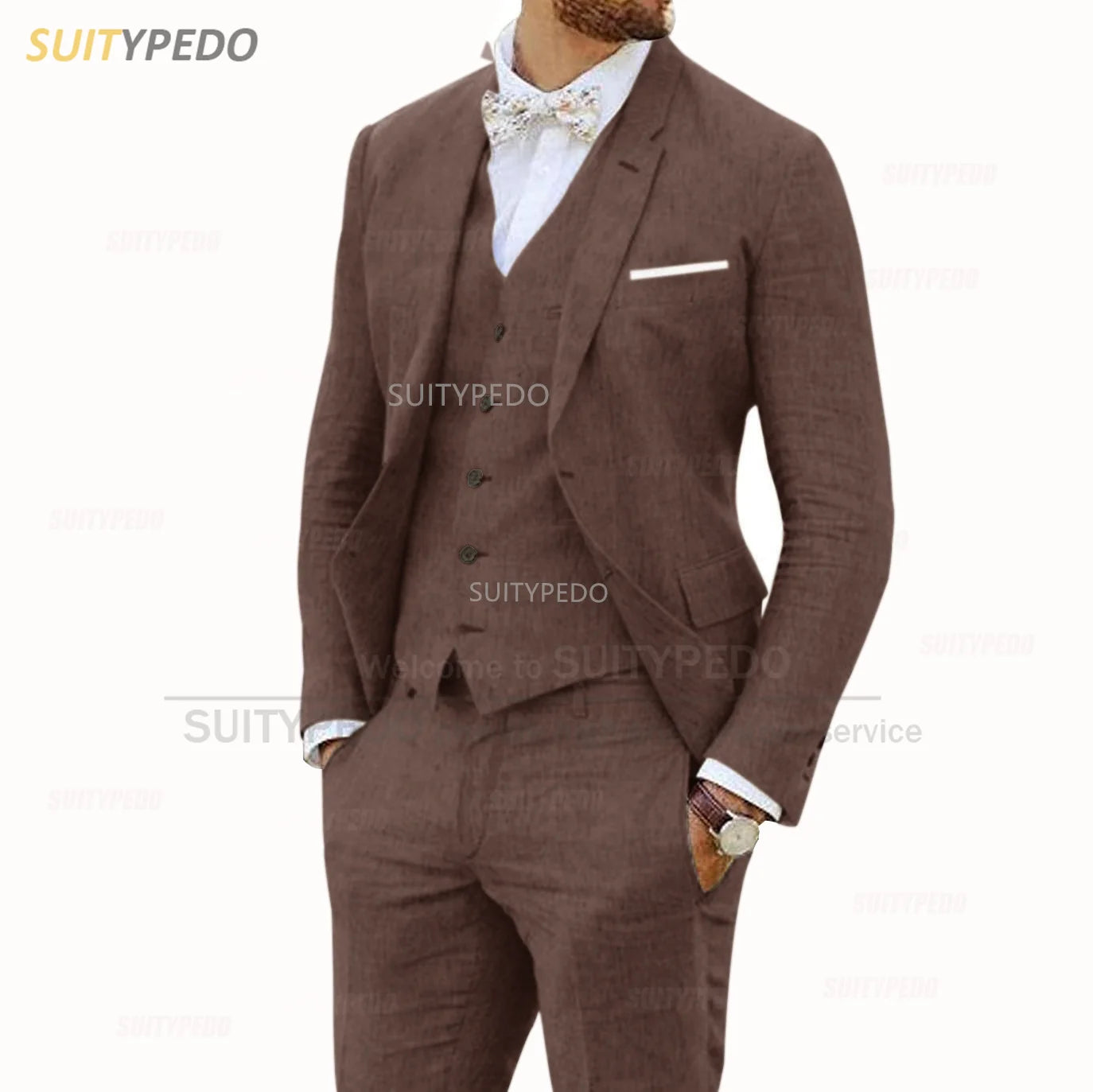 Linen Suits for Men 3 Pieces Casual Slim Fit Suit Blazer Vest Pants Set Formal Prom Wedding Tuxedos for Groomsmen Best Man