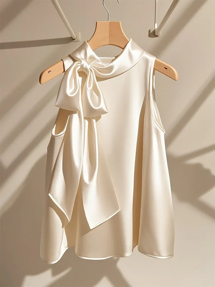 Chic Champagne White Satin Halter Neck Tank Top  French Bow Sleeveless