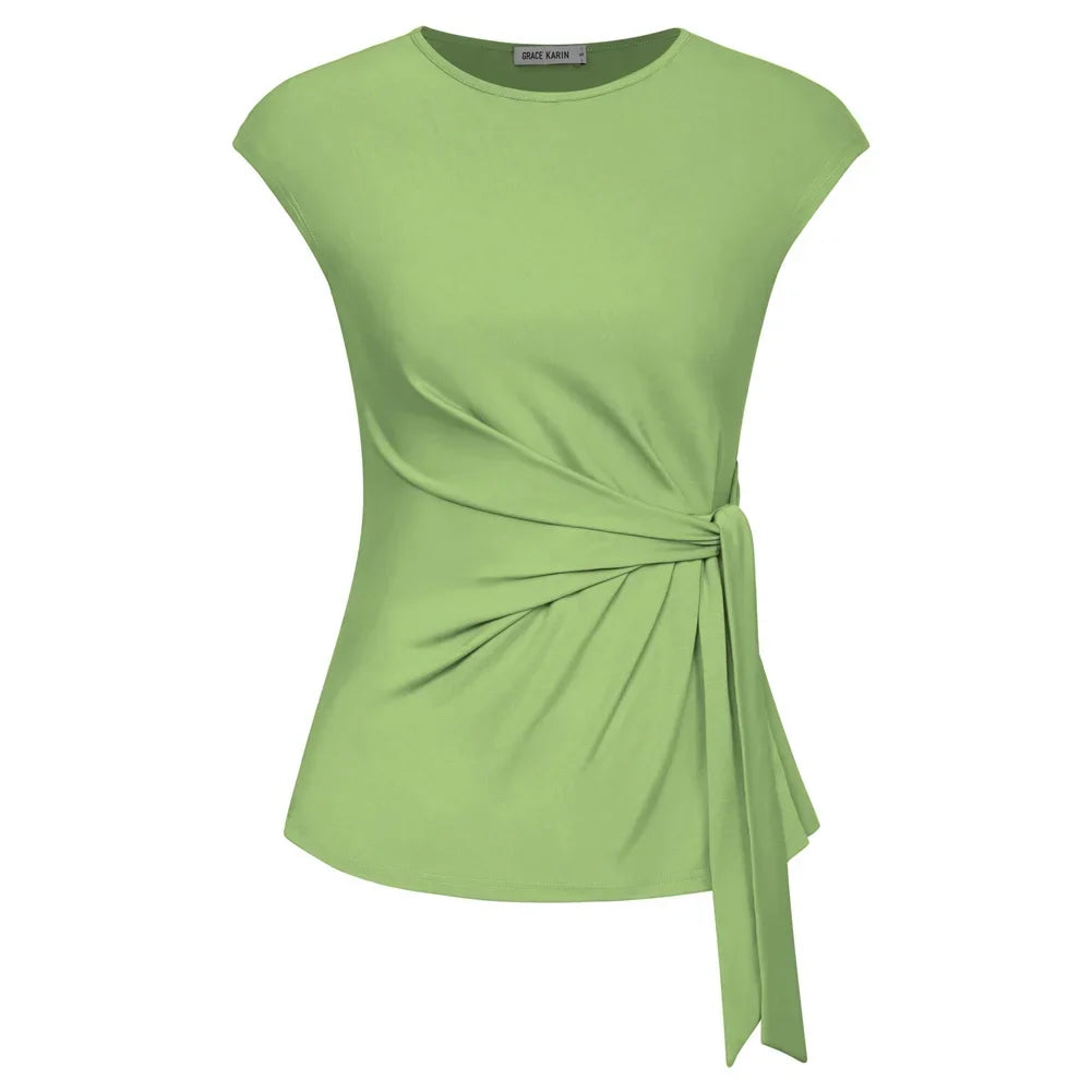 Front Bow Knot  Cap Sleeve Crew Neck Pullover
