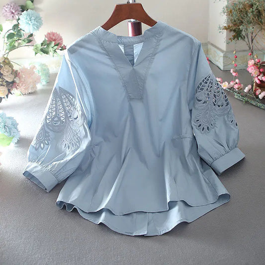 Hollow Out Loose Blouse Summer  V Neck Half Sleeve Solid Color