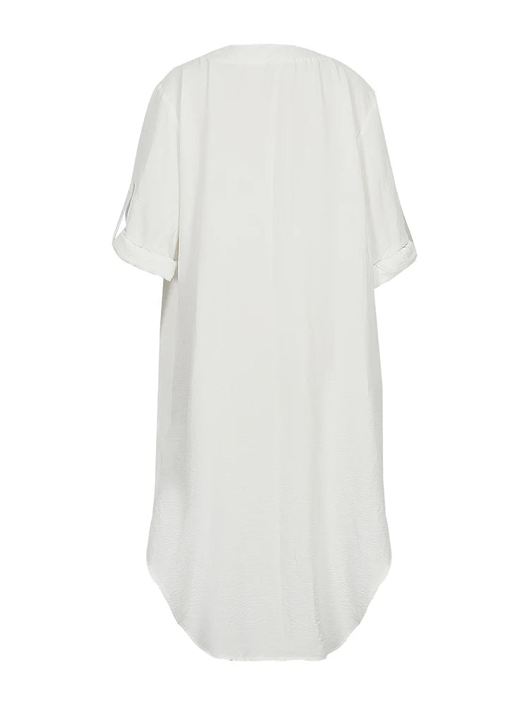 Plus Size Women's Single Row Buttons Dress Solid Color Casual Loose Long Dress Polyester Material