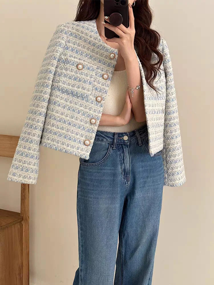 Women's Elegant Tweed Cardigan Short Coat With Pocket Single Breasted Jacket For Women Loose Outerwear
