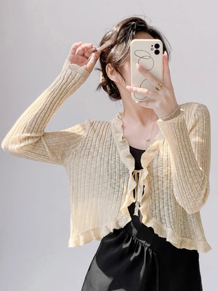 Ruffle Trim One Button Long Sleeve Crop Top Women Long Sleeve Open Front Ribbed Knit