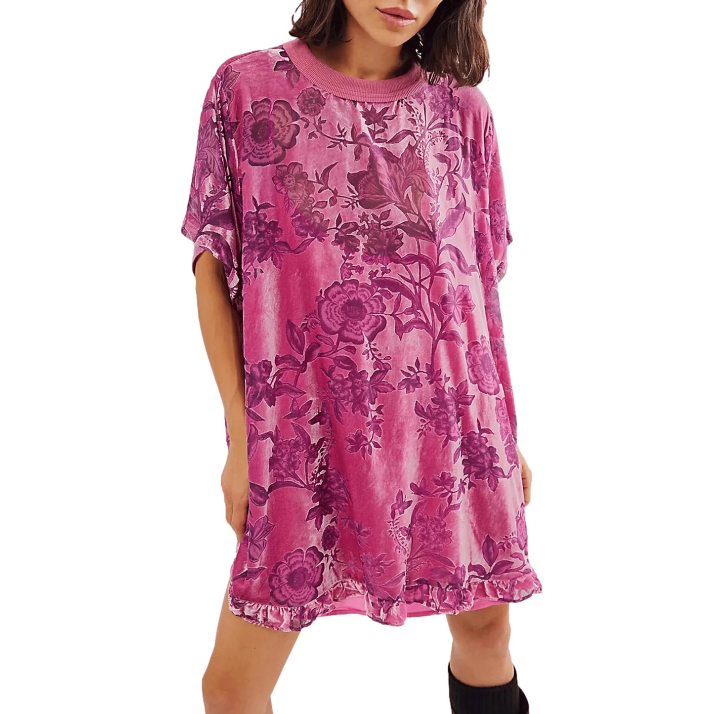 Velvet Mini Dress V-Neck short Sleeve Floral Print