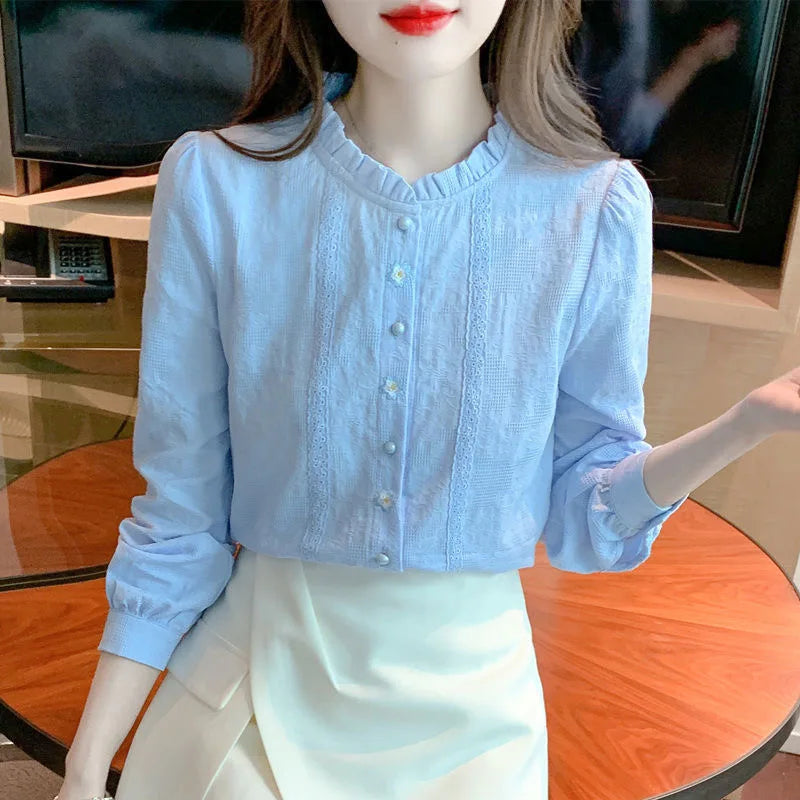 Embroidery Women's Spring Autumn Blouses Lady Casual Long Sleeve Stand Collar Solid Color