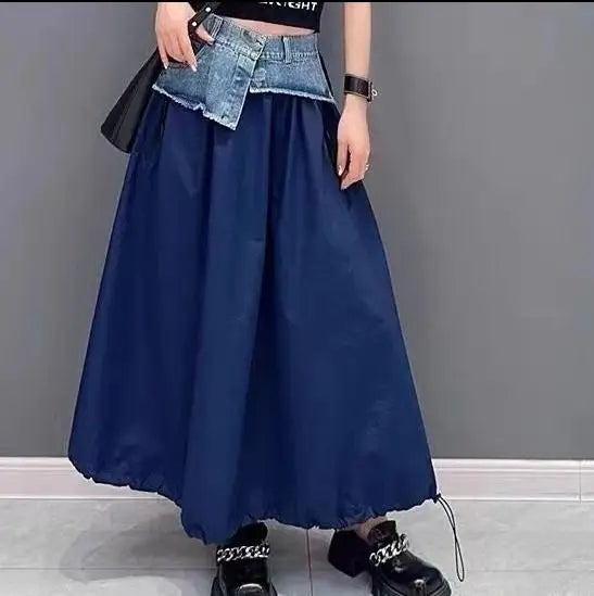 Loose Casual Cotton Denim Patchwork A-line Mid-calf Elastic Waist Skirt
