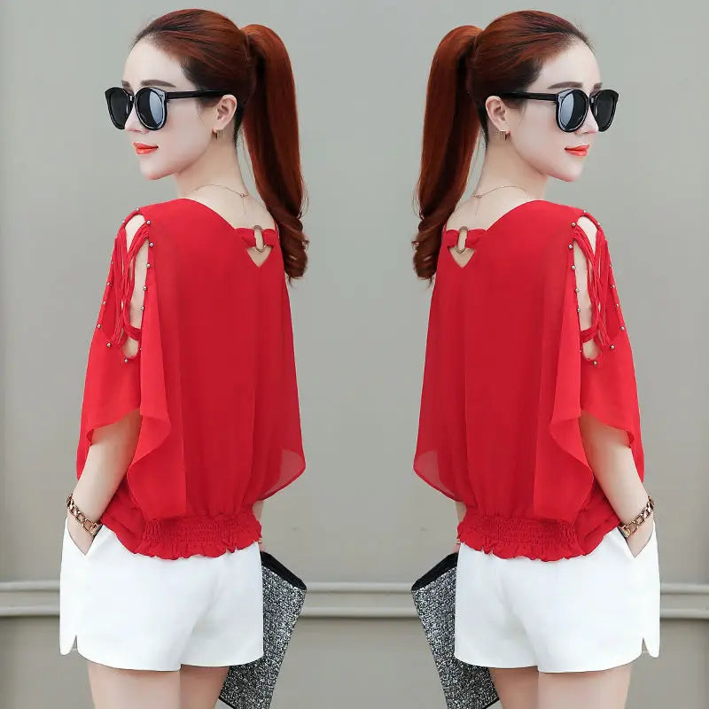 V-neck Short Sleeve Chiffon Shirt