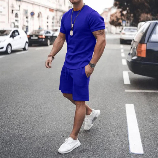 Solid Color Europe and The United States Men's  Summer  Short Sleeve T-shirt  +Shorts 2pcs Set Leisure Sports Men Suit