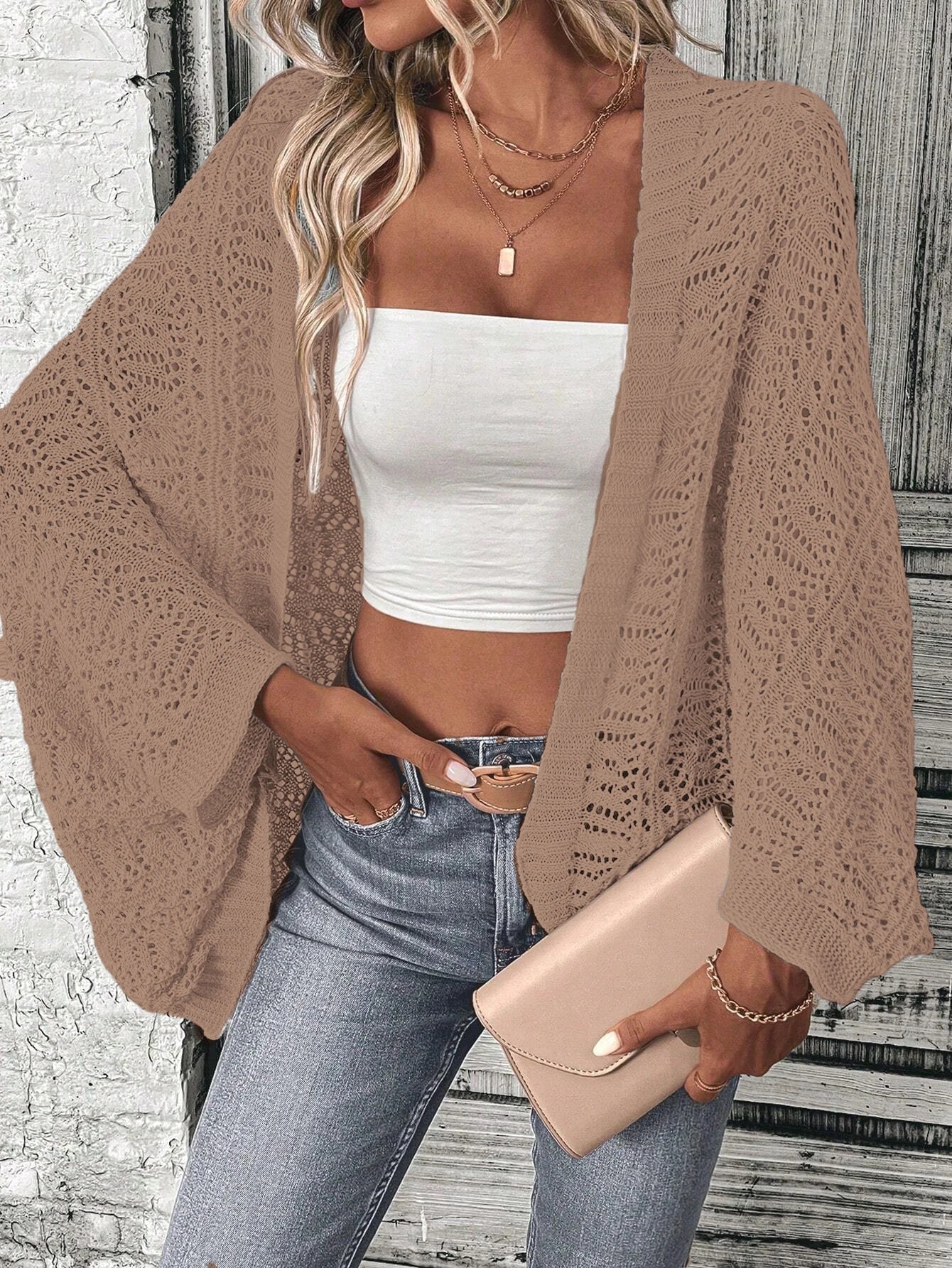 Solid color slit knitted cardigan elegant front opening batwing sleeve loose sweater commuting cardigan women's clothing