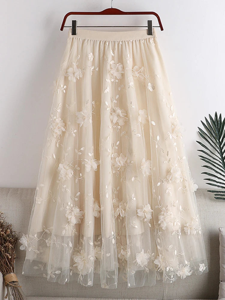 Embroidered Floral Spliced Mesh  High Waist A-line Skirt
