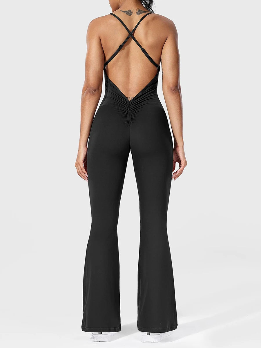 Elegant V-Neck Sleeveless Jumpsuits Women High Waist Wide Leg Pants  Backless Cross Strap