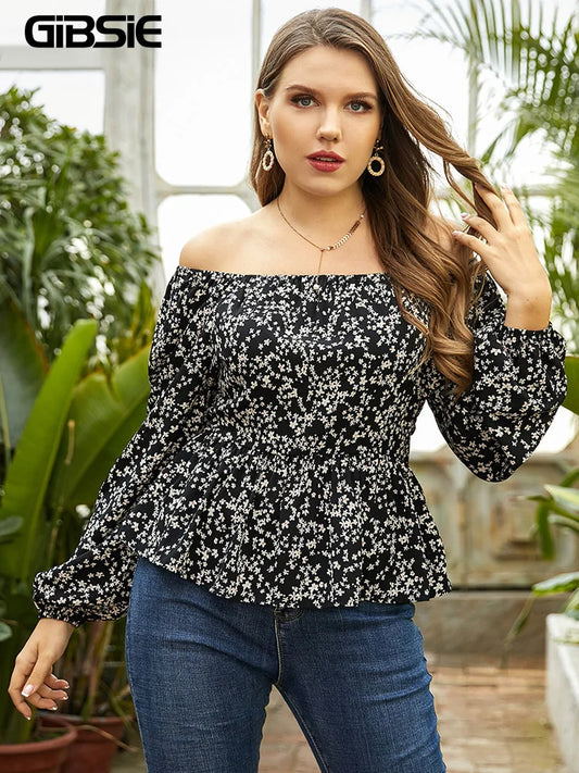 Floral Print Off The Shoulder Peplum Blouse Long Sleeve Casual