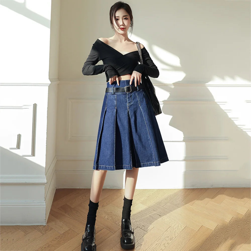 Denim Pleated  Vintage  High Waist A-Line Jeans Skirt Casual