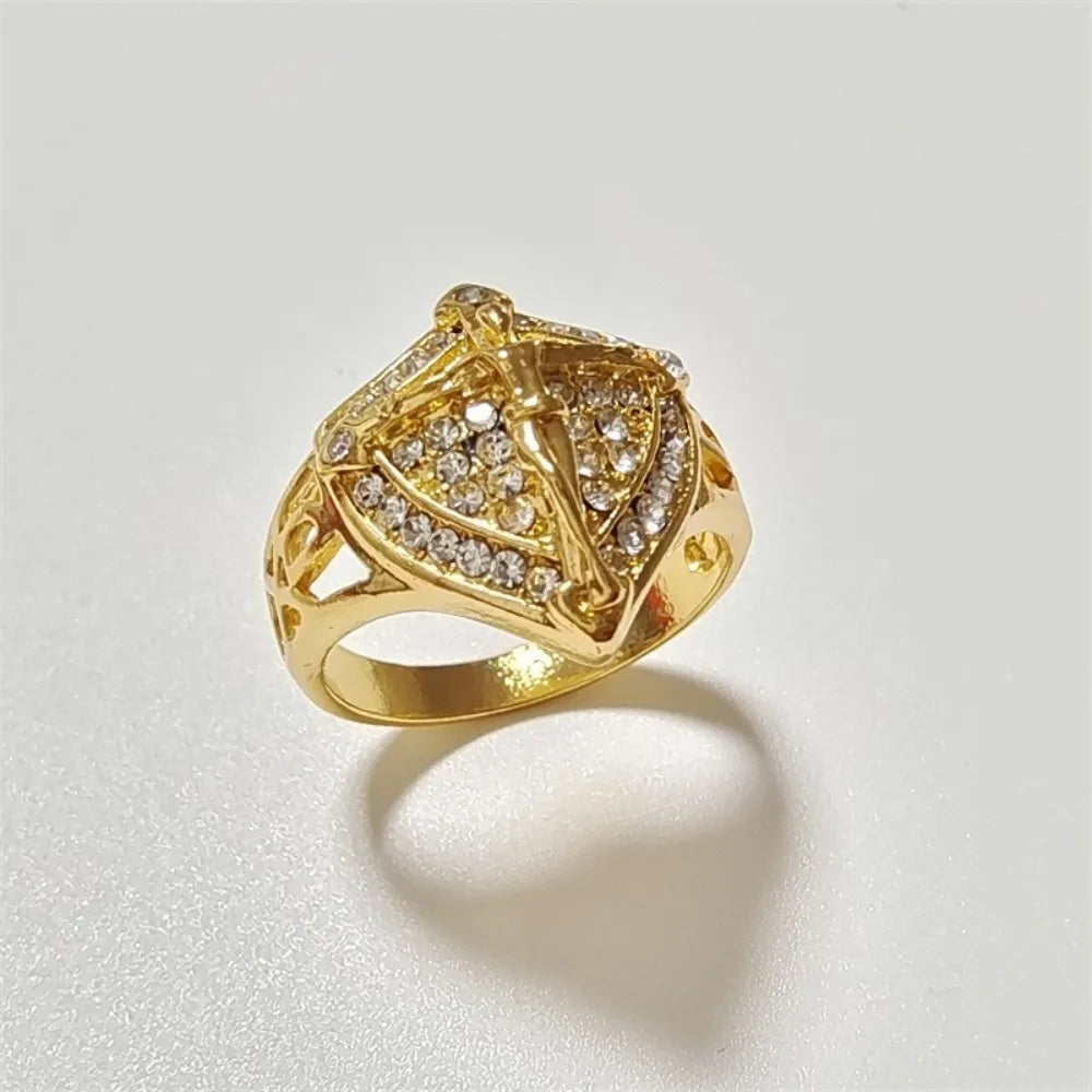 Punk Simple and Elegant Golden Jesus Cross Shield Men's Ring Zirconia Dazzling Motorcycle Men's Accessories