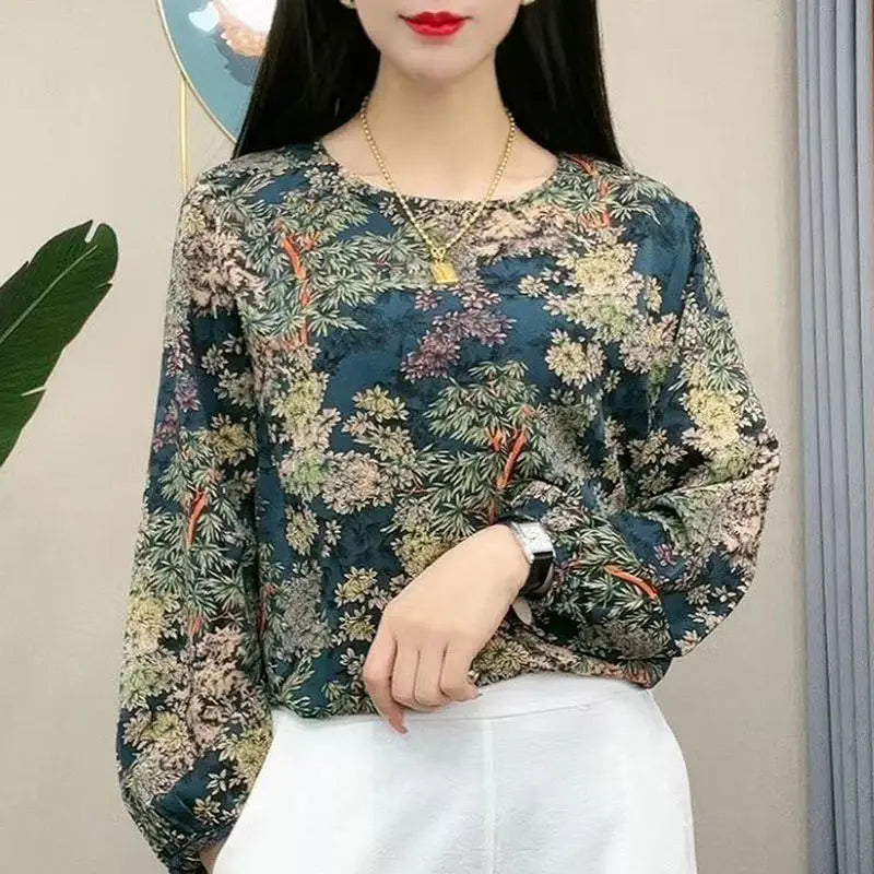 Vintage Print Round Collar Long Sleeve Loose Casual Chiffon Top
