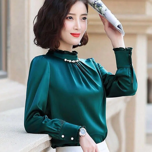 Chiffon Loose Long Sleeve Solid Color  Pleated Blouse