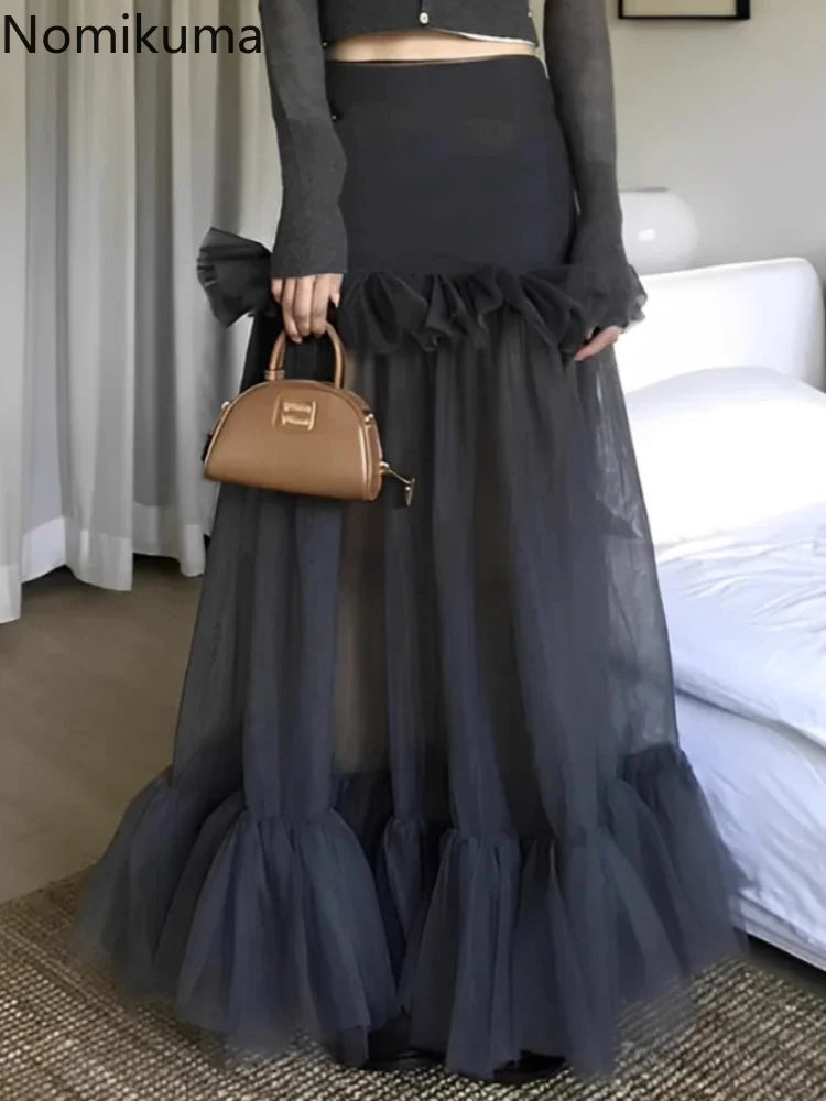 High Waist Patchwork Gauze  Casual Summer Long Skirt