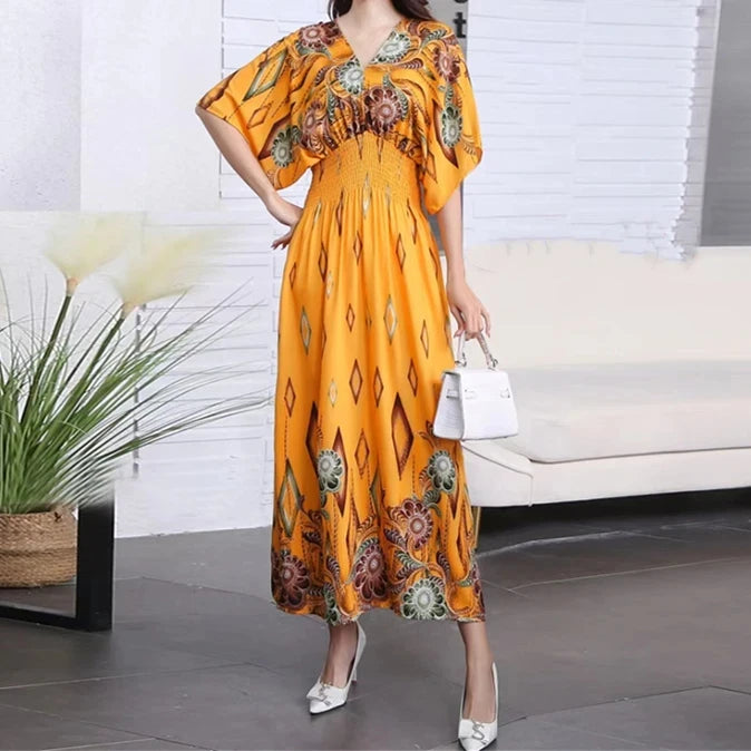 Colorful Flower V-neck Elastic Youthful Bohemian Sweet Midi Dress Woman Clothes Chic Fashion Summer Dresses