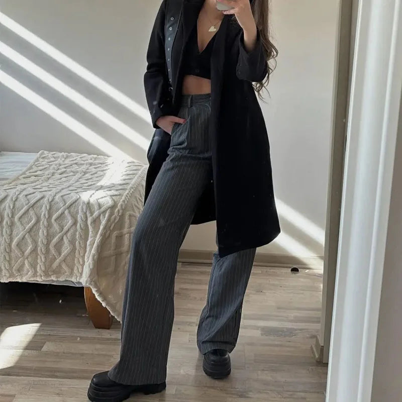 Women's Formal Pants Office Wear Women Striped Grey Black Cream Pants Woman High Waist Suit Pants Casual Wide Leg Trousers