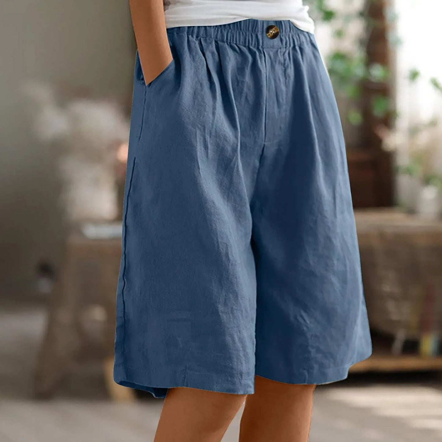 Women's Fashion Solid Color Shorts Pocket Button Up Capris Loose Elastic Waist Cotton Linen Shorts
