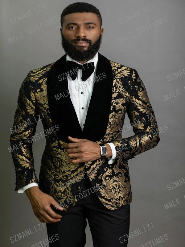 Latest Design Houndstooth Jacket Men‘s Suit Set Brown Pant Peaked Lapel Double Breasted Blazer