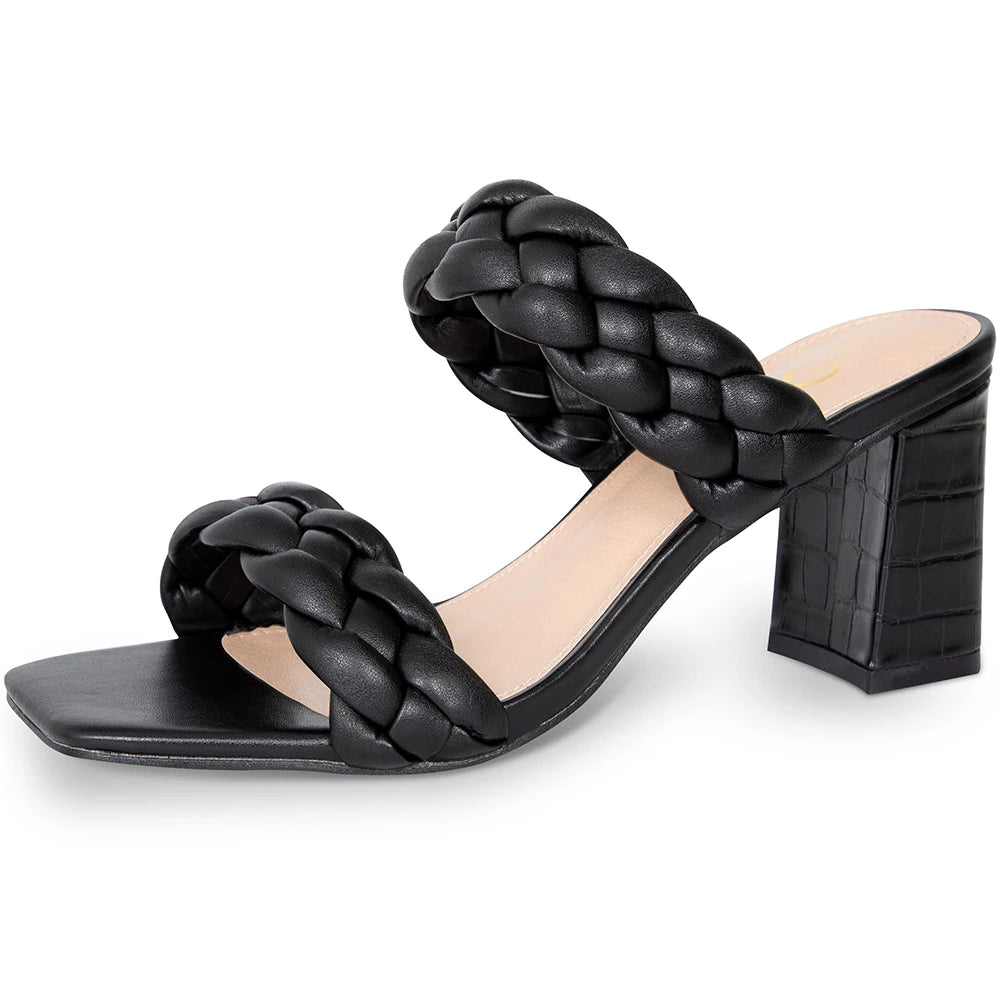 Elegant Braided Heels Fashion Strappy Square Sandals Open Toe Backless Mules Slip On Block Heeled Shoes