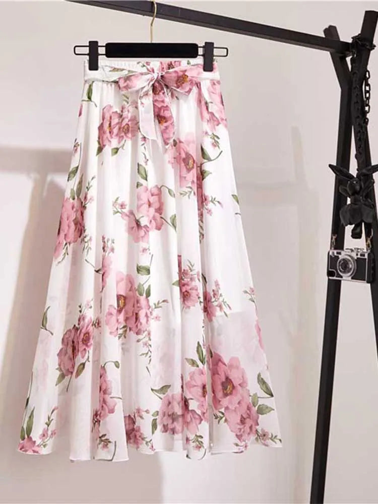 Chiffon Sun School High Waist Midi Skirt
