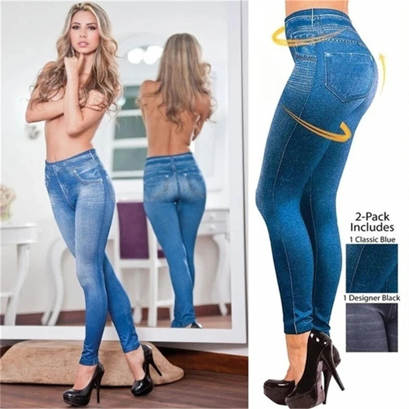 Ultra High Stretch Denim Inspired Leggings for Women High Waist Slim Fit Lifted Buttocks