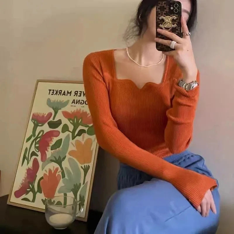 Knitted Pullovers Women Vintage Solid Sweaters Elegant Knitwear Square Collar All Match Jumpers