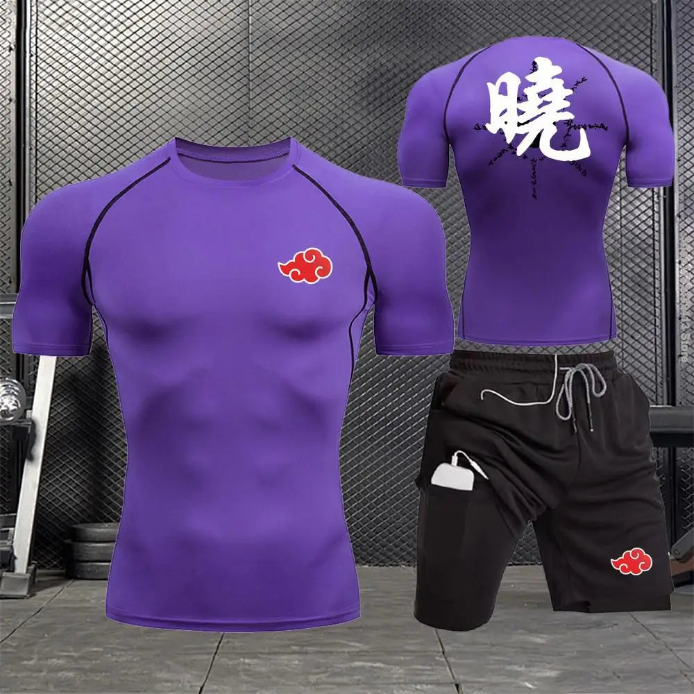 Jogging Breathable Compression Sportswear Summer Men's Training Two-piece Tight T-shirt Fitness Shorts Gym Workout Set S-3xl