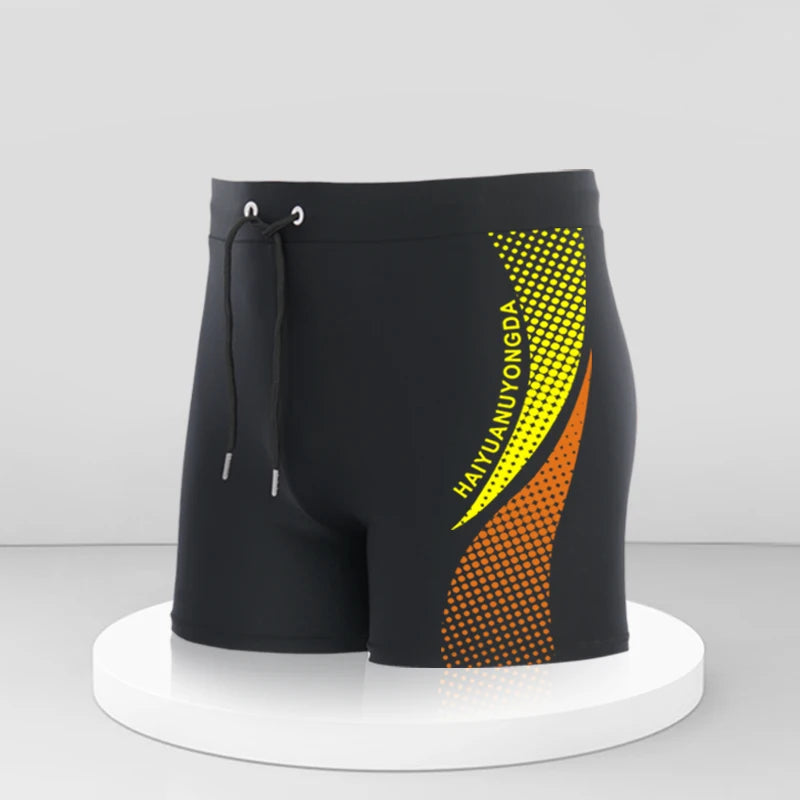 European size Geometric Graphic And Letter Print Men's Swim Trunks With Drawstring, Quick Dry And Stretchable Shorts For Summer