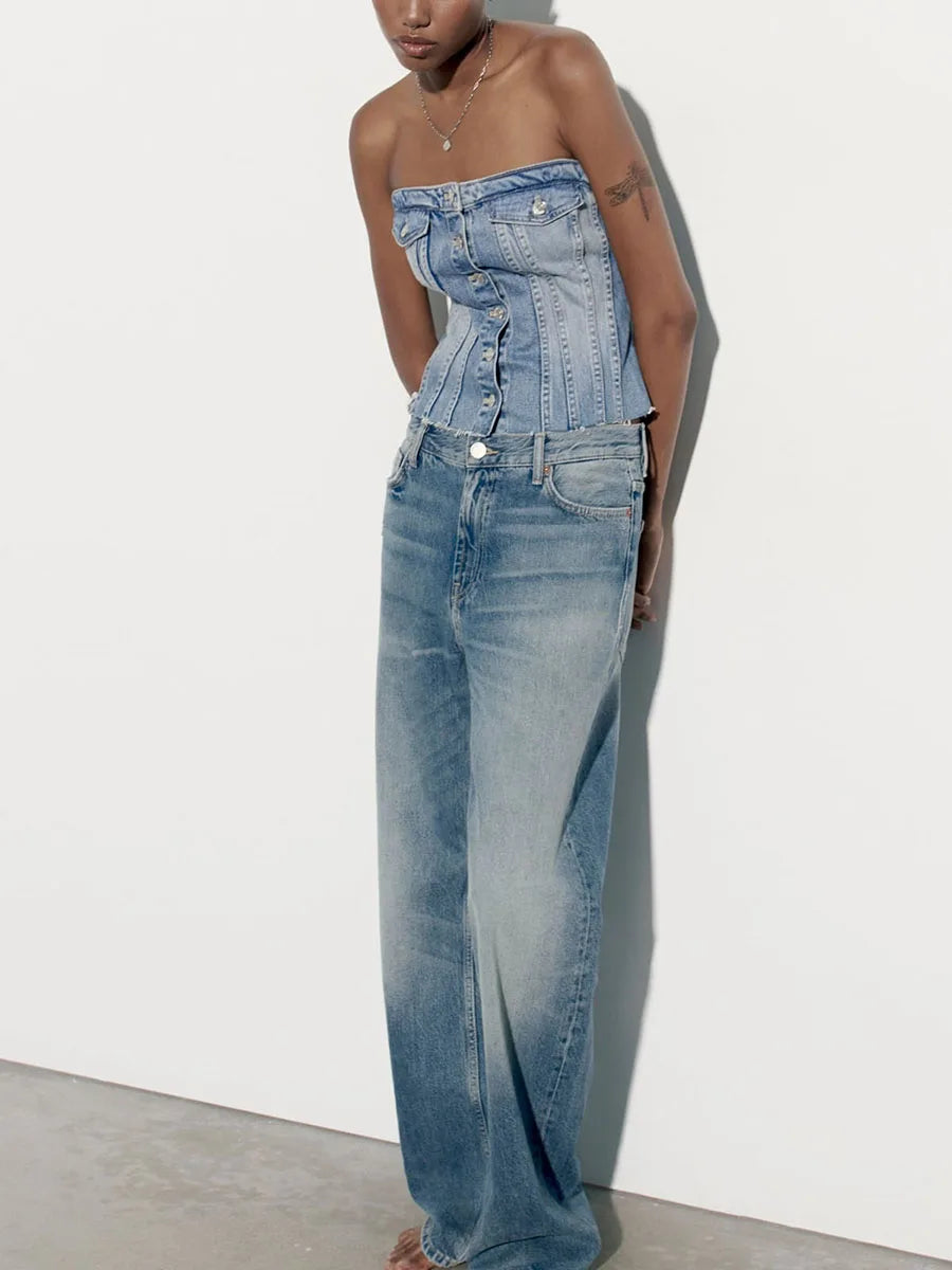 Women s Fitted Tube Tops Blue Sleeveless Off Shoulder Denim Bandeau Summer Clothes
