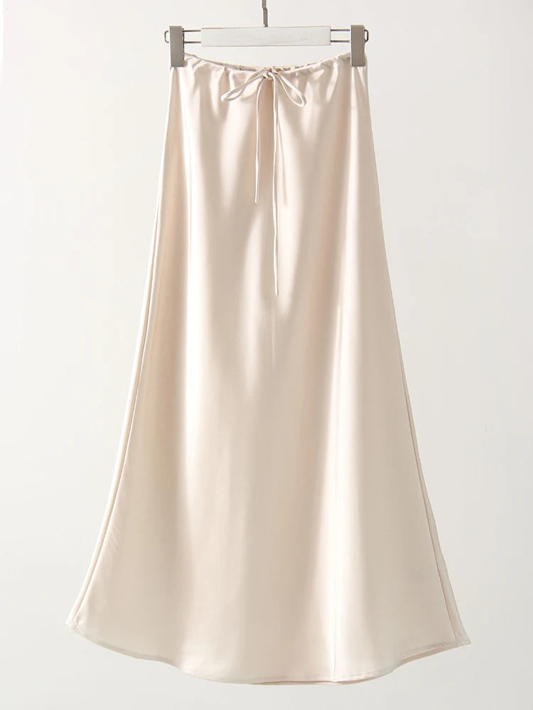 Long Satin Skirt  A Line Tie Up