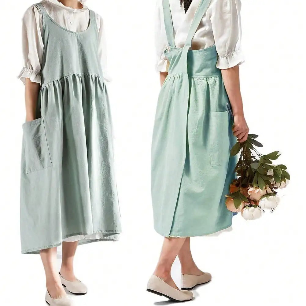 Japanese Linen Aprons for Women with Pockets Cross Back Cute Apron Dress for Gardening Painting Baking and Cooking