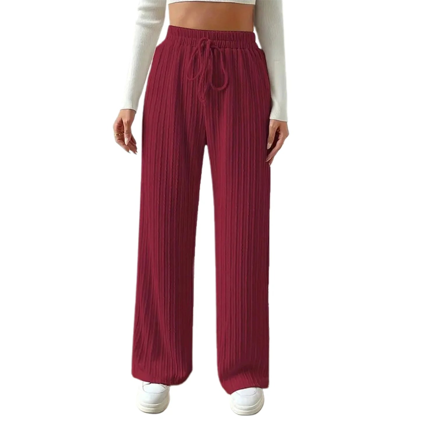 Elegant Ribbed Knit Palazzo Pants with Chic Drawstring High Waistband Comfy Wide Leg Trousers for Women s Casual Wear
