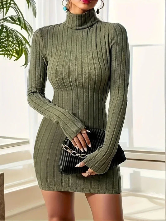 Turtleneck Ribbed Solid Dress  Casual Long Sleeve Bodycon Mini Dress